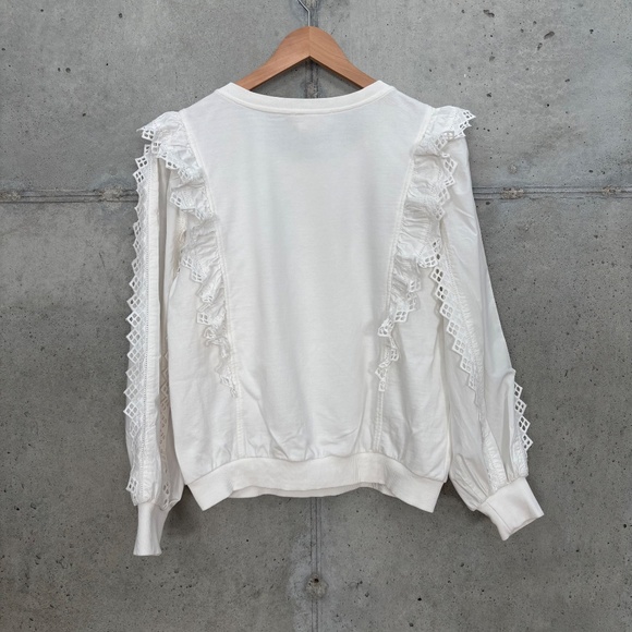 By Anthropologie Ruffle Sleeve Lace Trimmed Sweatshirt White Cream Size Medium - Picture 6 of 9